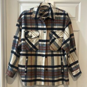 Zara Women's Checkered Utility Jacket - Blue, Cream, and Brown